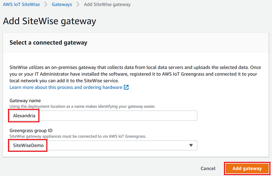 AWS IoT SiteWise Tangkapan layar halaman “Tambahkan gateway SiteWise Edge”.