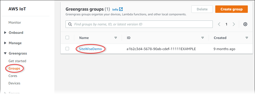 AWS IoT Greengrass Tangkapan layar halaman “Grup Greengrass”.