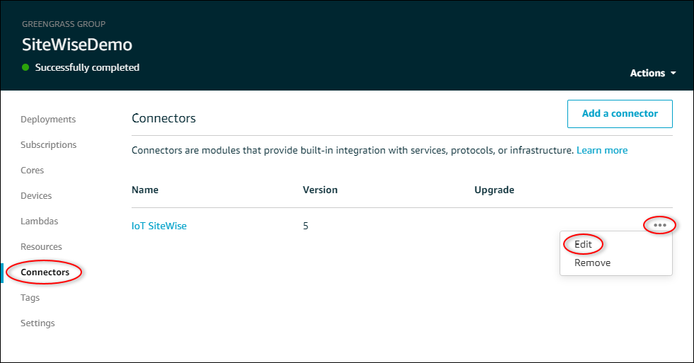 AWS IoT Greengrass Tangkapan layar halaman “Konektor” dengan “Edit” disorot.