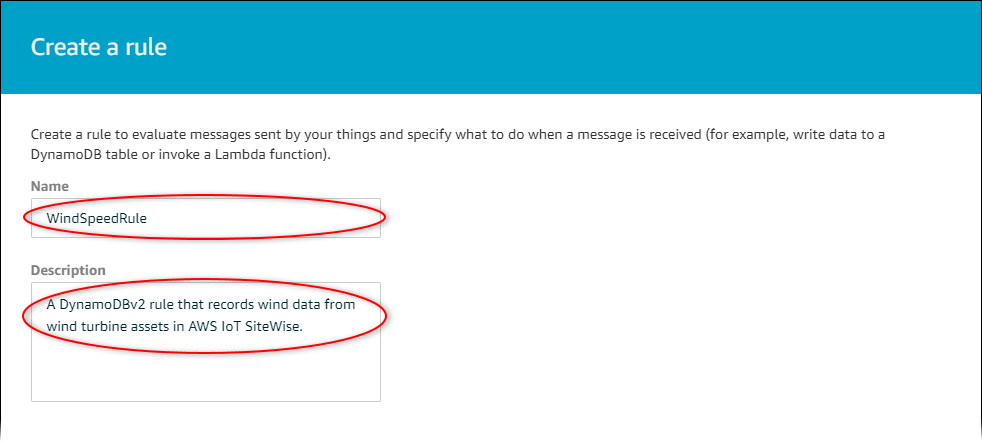 AWS IoT Tangkapan layar halaman inti “Buat aturan” dengan “Nama” dan “Deskripsi” disorot.