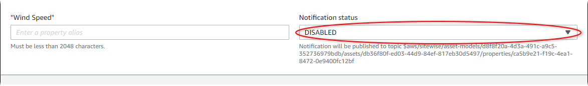 AWS IoT SiteWise Tangkapan layar “Edit status pemberitahuan”.