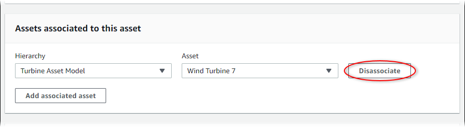 AWS IoT SiteWise Tangkapan layar halaman “Edit aset” dengan “Disassociate” disorot.