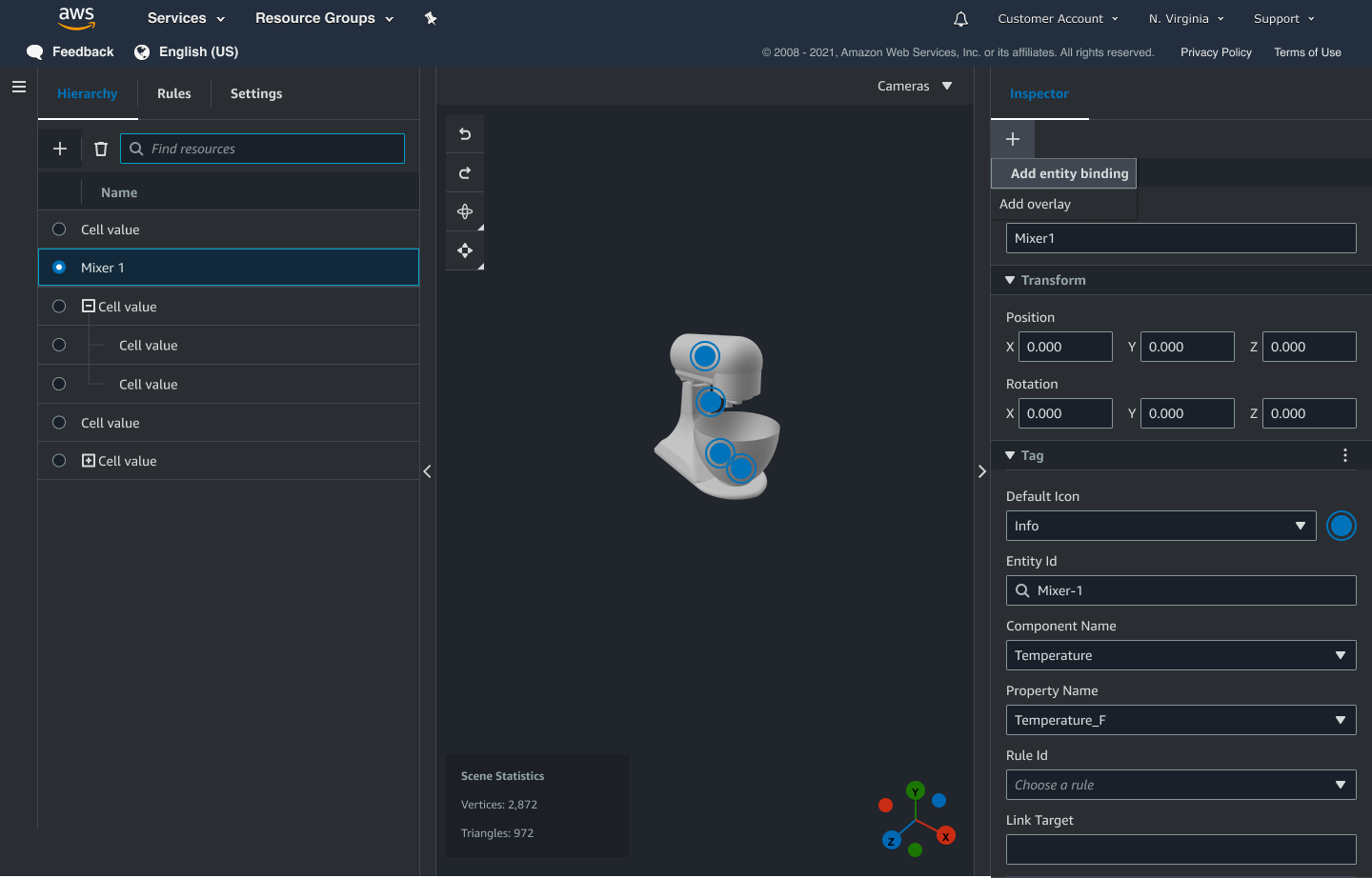 Adegan dengan tanda plus dipilih di panel Inspector dan Add entity binding disorot.