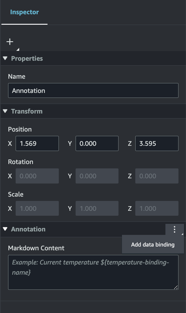 Dengan tiga titik di sebelah kanan anotasi pull-down dipilih, tombol Add Data Binding muncul.