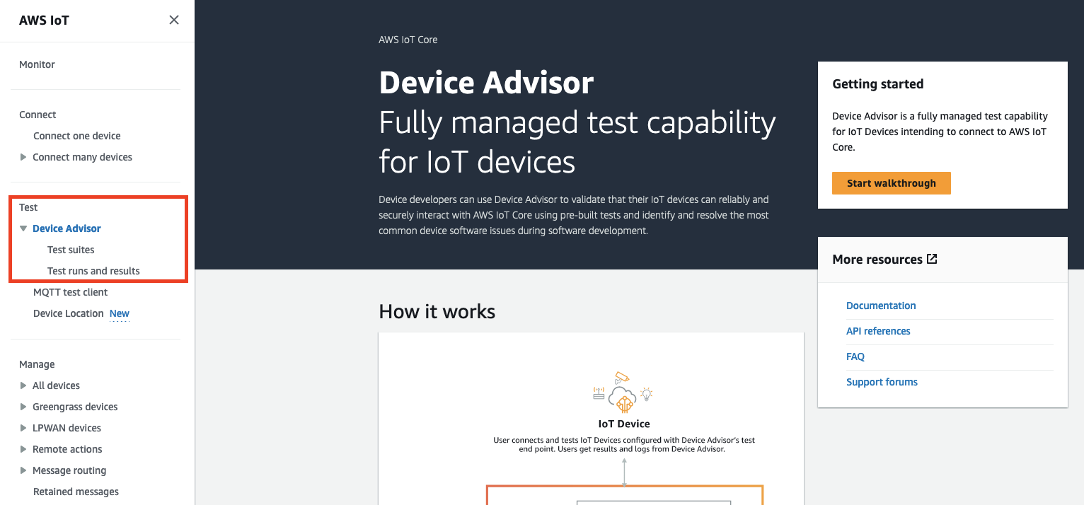 Device Advisor adalah kemampuan pengujian yang dikelola sepenuhnya untuk perangkat IoT untuk memvalidasi interaksi aman AWS IoT Core dengan, mengidentifikasi masalah perangkat lunak, dan mendapatkan hasil pengujian.