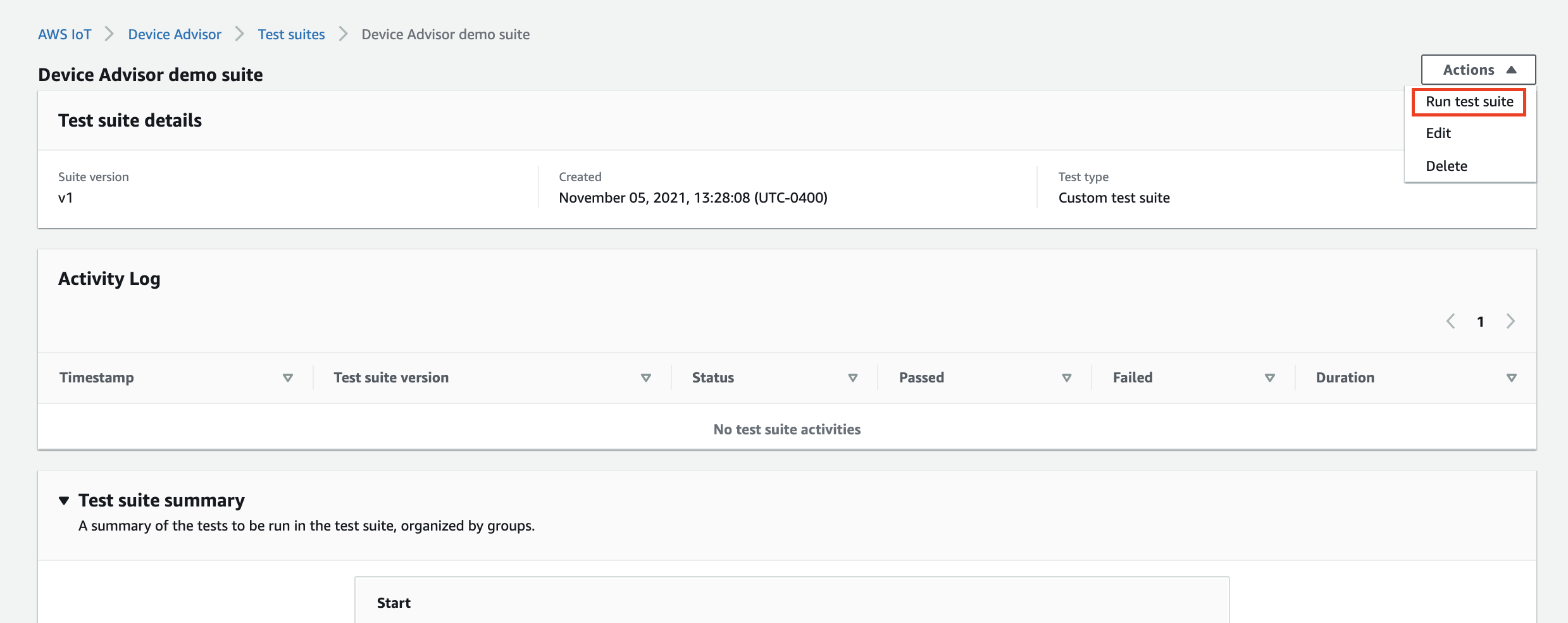 Halaman demo suite dengan tombol “Run test suite” dan log aktivitas kosong yang tidak menunjukkan rangkaian pengujian sebelumnya berjalan.