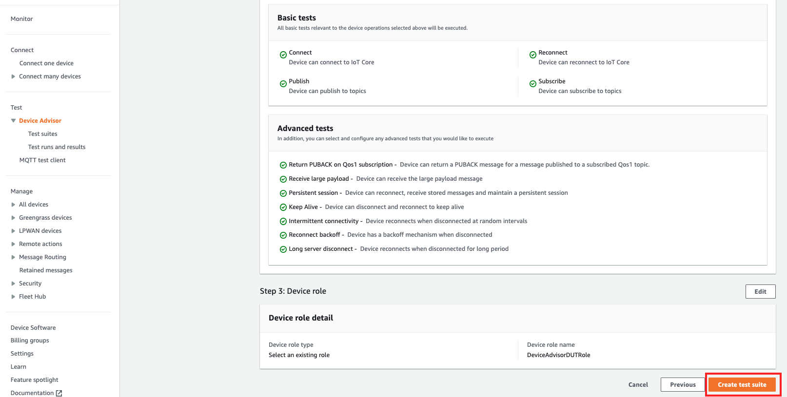 Halaman konfigurasi tempat Anda dapat melihat semua detail untuk Device Advisor.