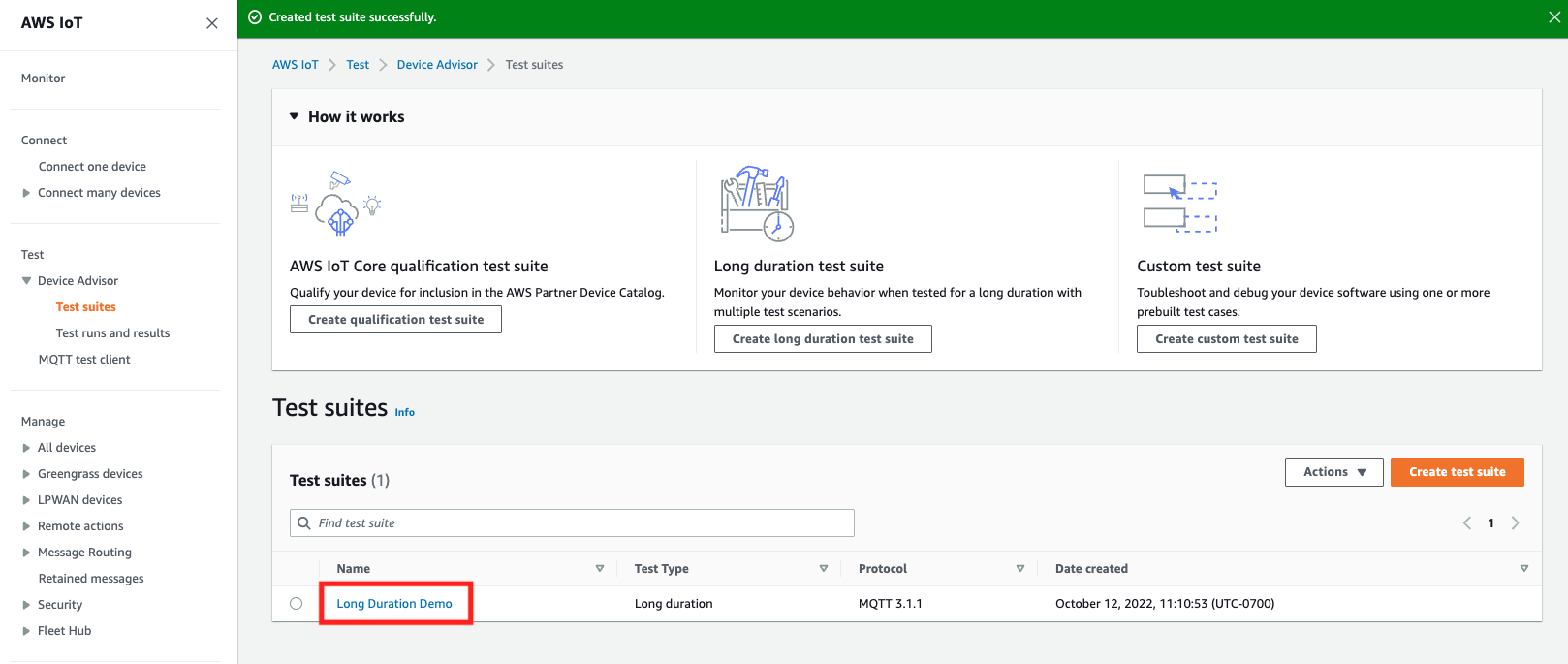 Rangkaian pengujian baru bernama “Demo Durasi Panjang” telah berhasil dibuat di Device Advisor.