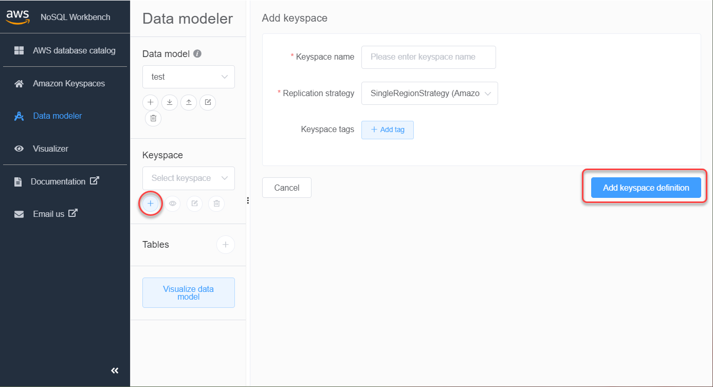 Screenshot konsol yang menunjukkan cara membuat keyspace.