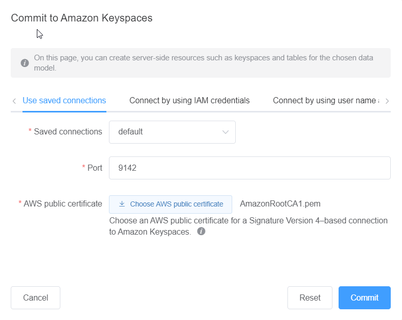 Tangkapan layar konsol yang menunjukkan koneksi default ke Amazon Keyspaces.