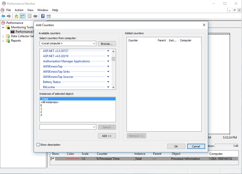 Tangkapan layar konsol yang menampilkan kategori penghitung Kinesis Agent for Windows di aplikasi pemantau performa Windows.