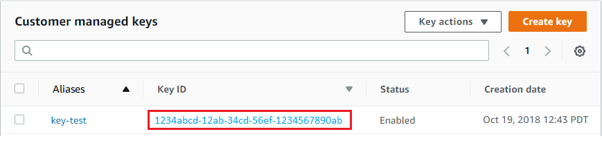 Kunci yang dikelola pelanggan table showing Key ID for a single key-test alias.