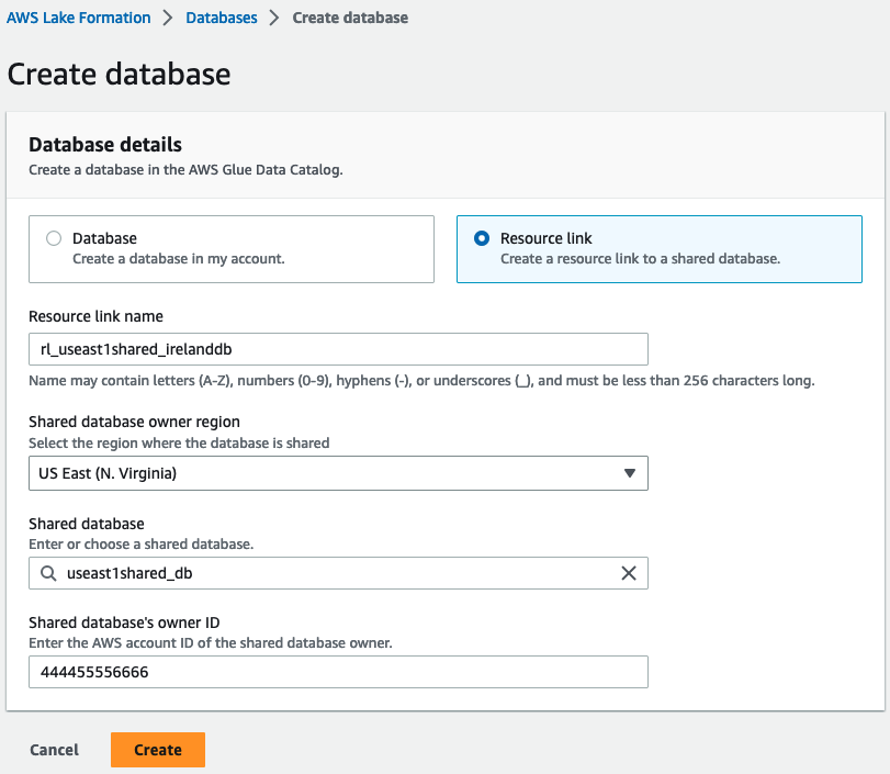 Kotak dialog Detail Database memiliki tombol radio tautan sumber daya yang dipilih, dengan kolom berikut diisi: Nama tautan sumber daya, Database bersama, ID pemilik basis data bersama. ID pemilik database bersama dinonaktifkan (hanya-baca).