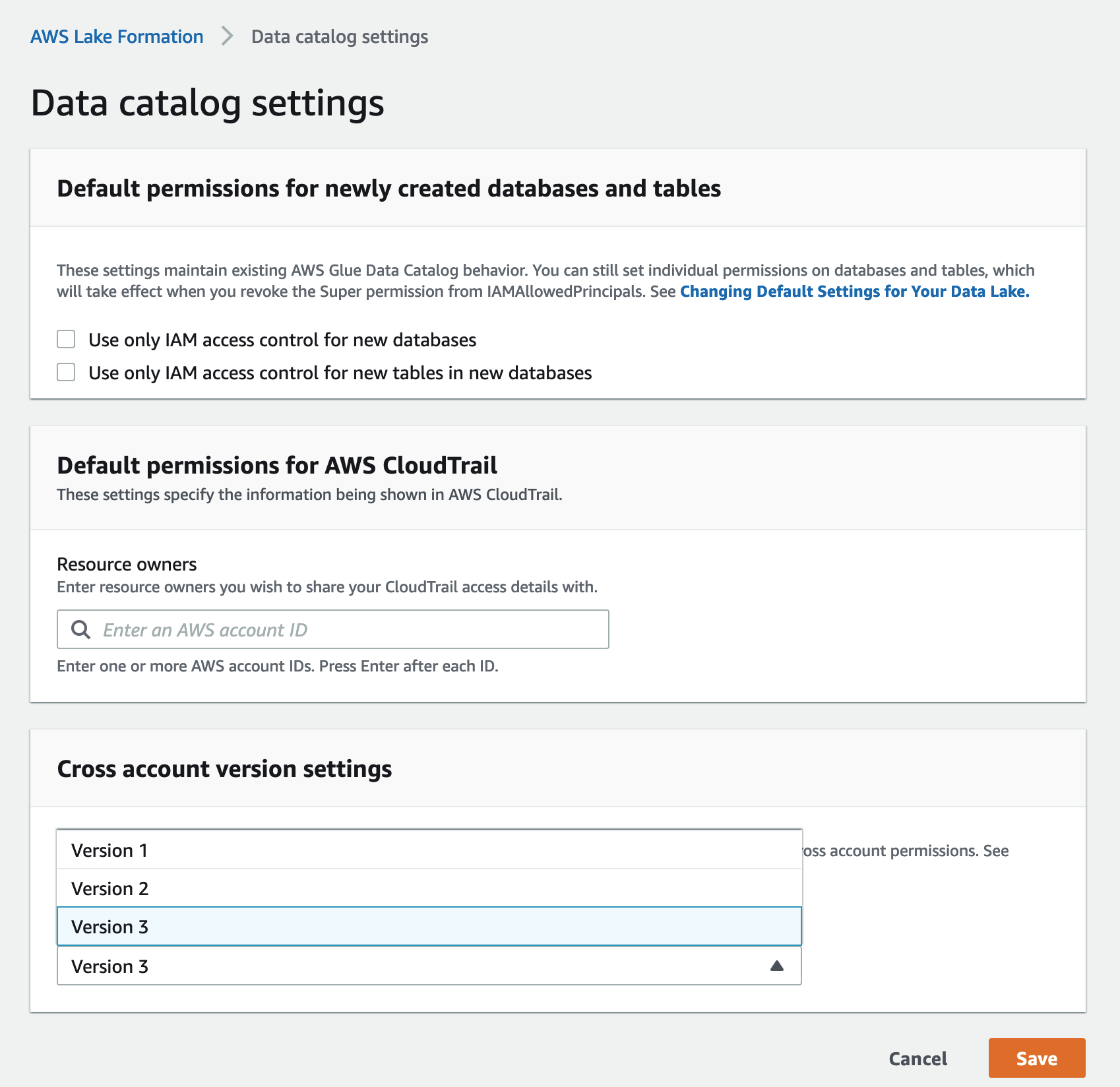 Data catalog settings page with options for permissions, AWS CloudTrail, and cross account versions.