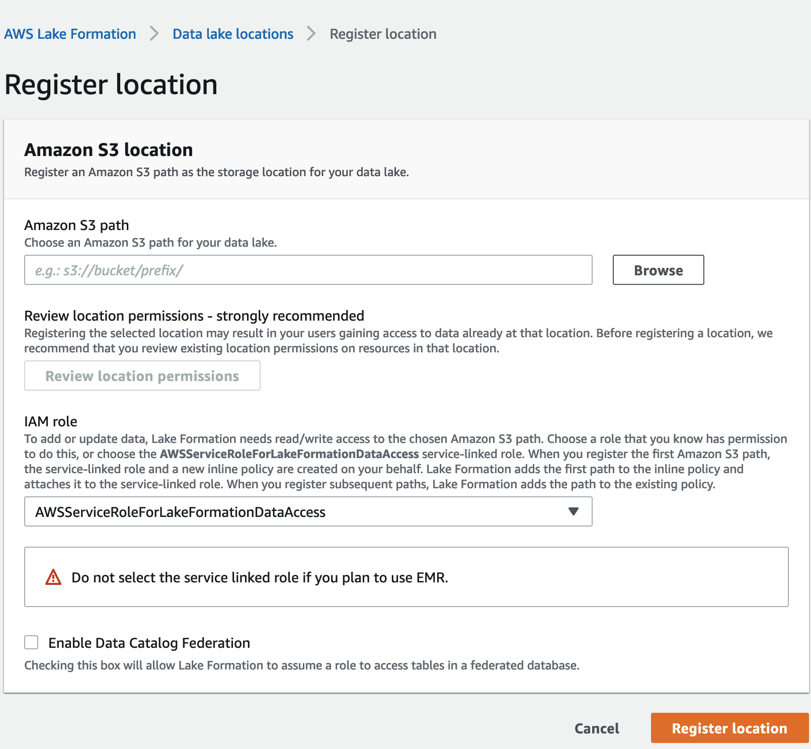 Register location form for AWS Lake Formation with Amazon S3 path and IAM role options.