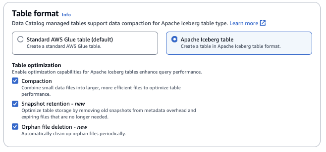 Opsi tabel Apache Iceberg dipilih dengan opsi optimasi tabel.