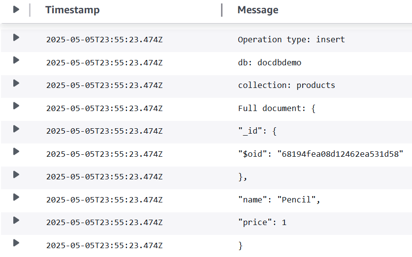 CloudWatch aliran log untuk penyisipan catatan basis data