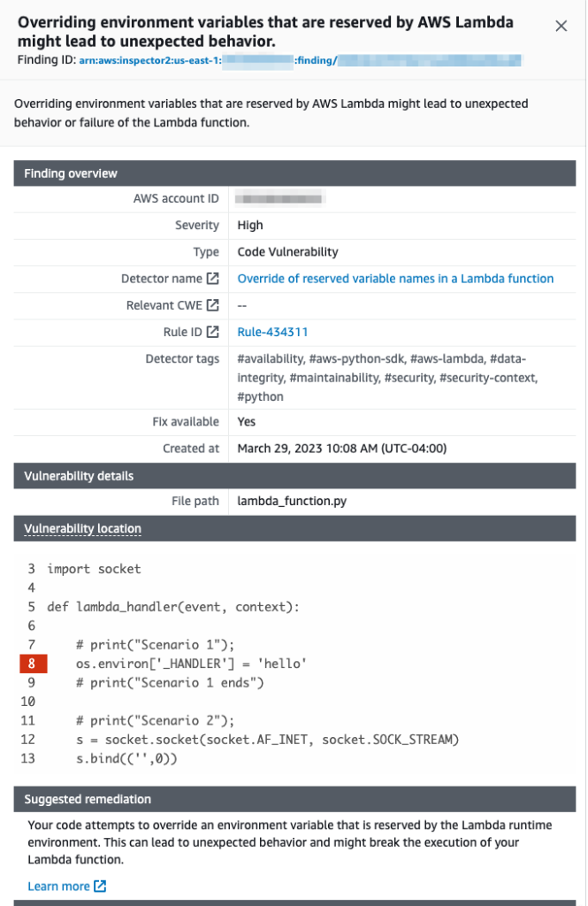 Amazon Inspector console displays code vulnerability details.