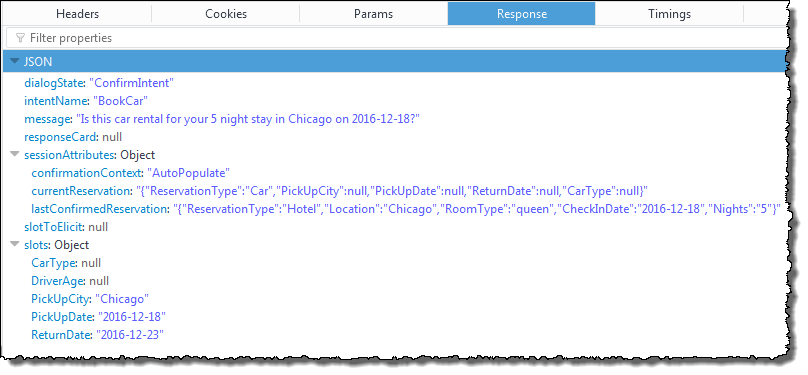 Respon JSON yang berisi status dialog, nama maksud, pesan, kartu respons, atribut sesi, slot untuk mendapatkan, dan slot.