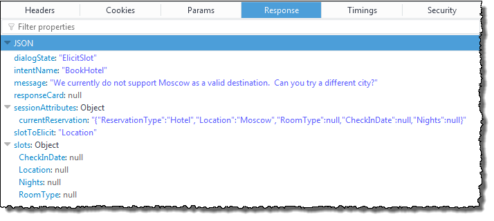 Respon JSON yang berisi status dialog, nama maksud, pesan, kartu respons, atribut sesi, slot untuk mendapatkan, dan slot.