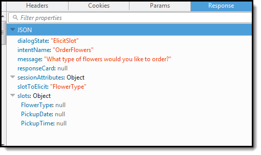 Data JSON yang berisi permintaan untukFlowerType slot.