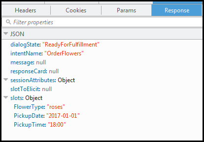 Data JSON dikirim saat percakapan selesai dan pesanan siap dipenuhi.