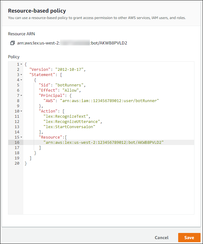Editor kebijakan berbasis sumber daya konsol Amazon Lex.