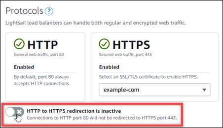 Toggle untuk mengaktifkan atau menonaktifkan HTTP ke HTTPS redirection pada load balancer