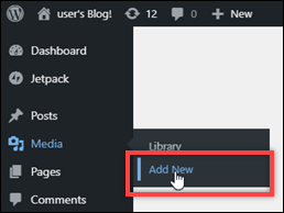 Item menu tambahkan file media baru di WordPress dasbor.