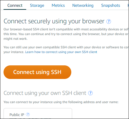 Buka SSH klien berbasis browser melalui tab Connect.