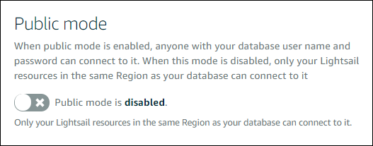 Tombol mode publik database di konsol Lightsail