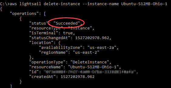 AWS CLI output untuk operasi Hapus-instance Lightsail.