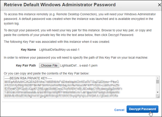 Mendekripsi kata sandi administrator default Windows di konsol Amazon EC2.