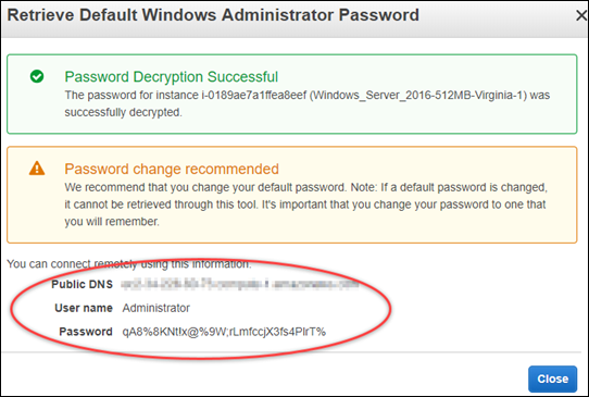 Kata sandi administrator default Windows yang didekripsi di konsol Amazon EC2.