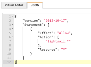 Tab JSON di konsol IAM diisi dengan kebijakan untuk akses Lightsail.