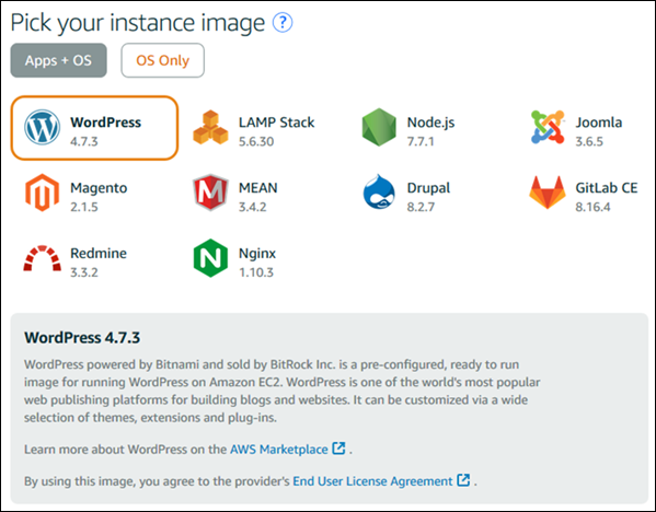 Pilih WordPress sebagai gambar instance Lightsail Anda