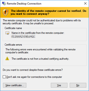 Prompt keamanan Remote Desktop Connection dari Microsoft.