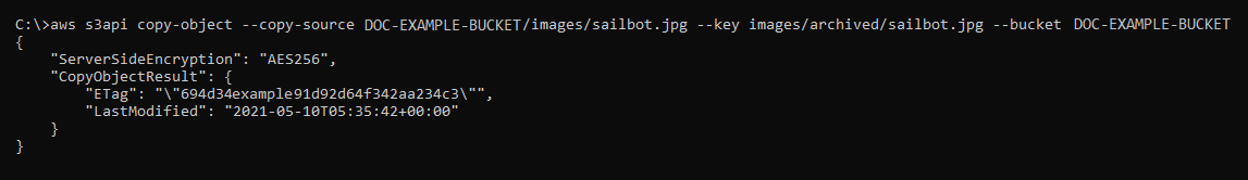 Hasil dari perintah AWS CLI copy-object