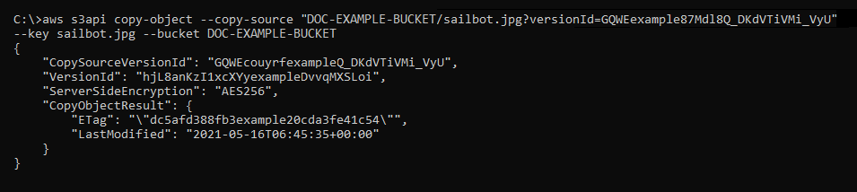 Hasil dari AWS CLI copy-object-version perintah