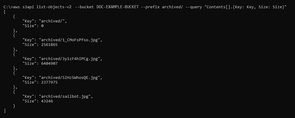 Hasil dari perintah AWS CLI list-objects-v 2