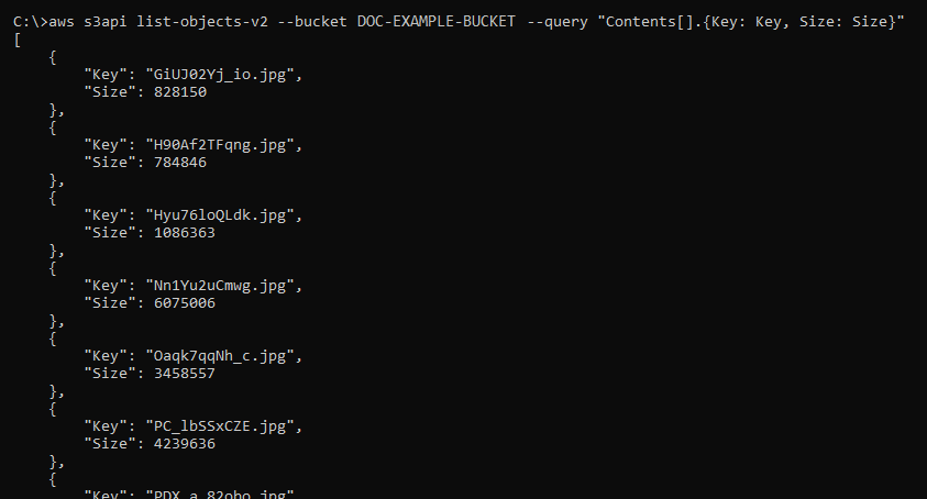 Hasil dari perintah AWS CLI list-objects-v 2