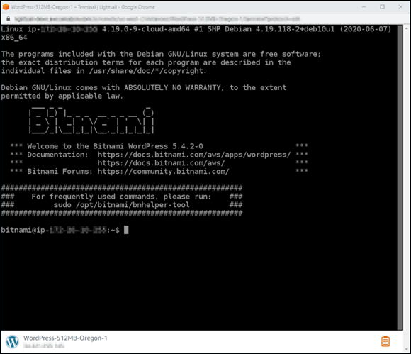 Jendela terminal SSH klien berbasis browser di konsol Lightsail.