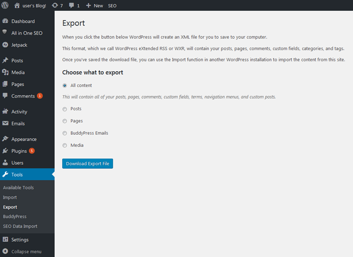 Ekspor WordPress blog Anda menggunakan alat ekspor