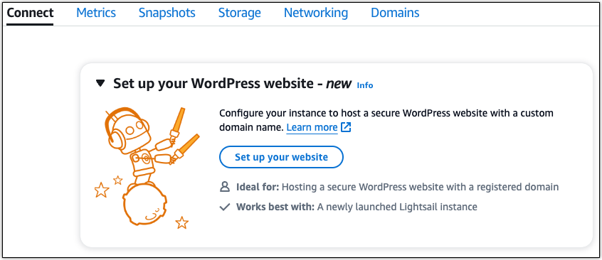 Meluncurkan WordPress pengaturan di Lightsail.