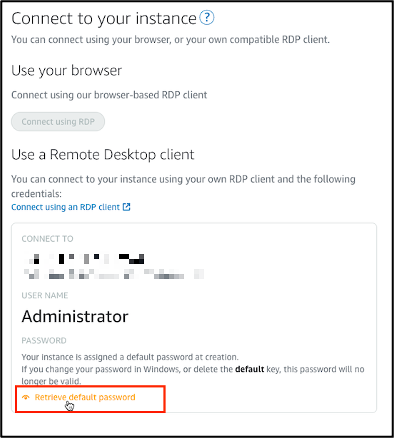 Opsi Tampilkan kata sandi default di tab Lightsail Instance Connect.