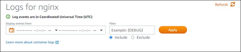 Filter log layanan kontainer di konsol Lightsail