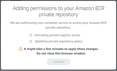 Modal mengonfirmasi bahwa izin sedang ditambahkan ke repositori ECR pribadi Amazon