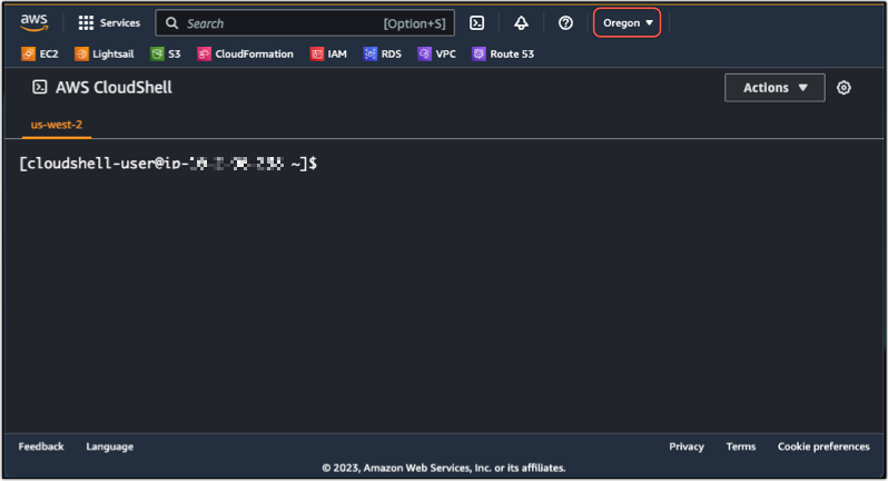 Ubah Wilayah AWS masuk CloudShell.