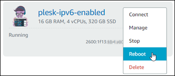 Opsi reboot instance di halaman beranda Lightsail.