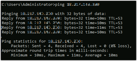 Perintah ping IPv4 yang berhasil.